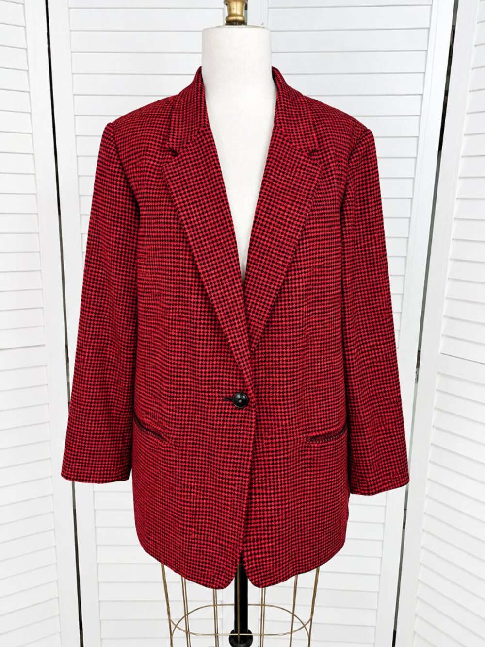 Vintage 90s Sag Harbor Woman Red Black Houndstooth Wool Blend Blazer 22W EUC